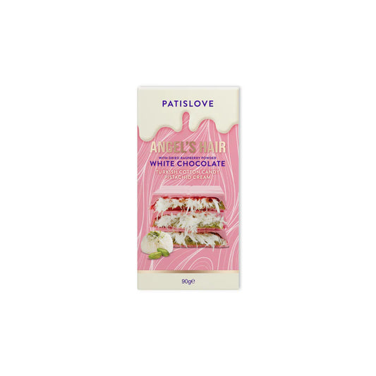 Tablette Dubai framboise, chocolat blanc pistache cheveux d’ange